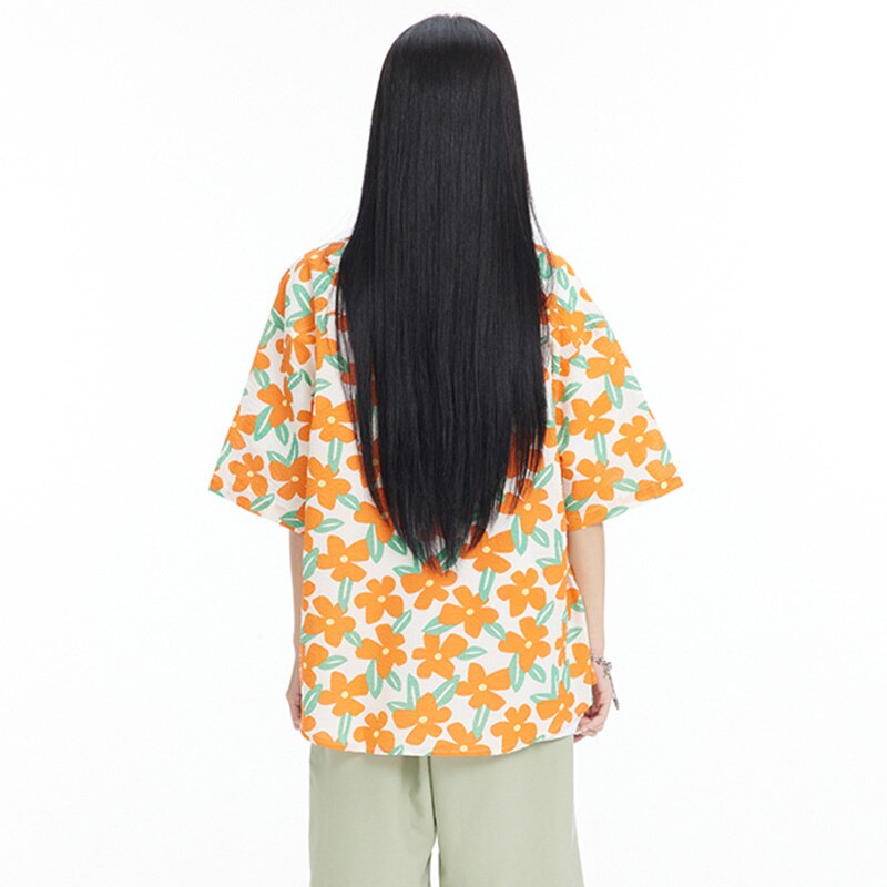 "Orange Floral" Unisex Men Women Graphic Button Shirt Daulet Apparel