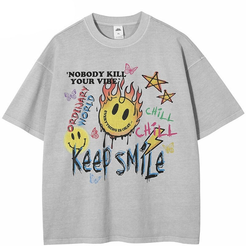 "Keep Smiling" Unisex Men Women Streetwear Graphic T-Shirt Daulet Apparel
