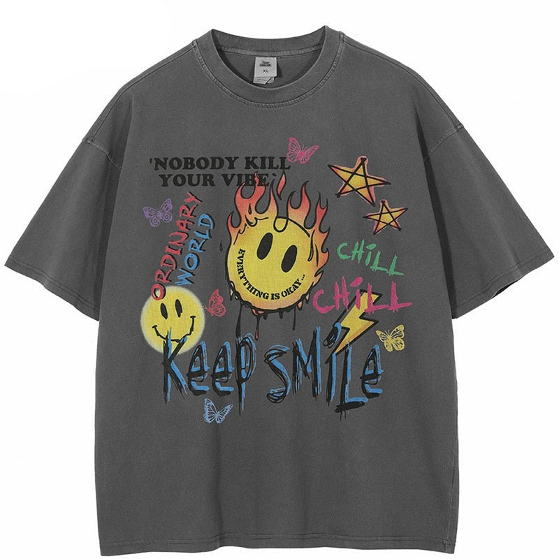 "Keep Smiling" Unisex Men Women Streetwear Graphic T-Shirt Daulet Apparel