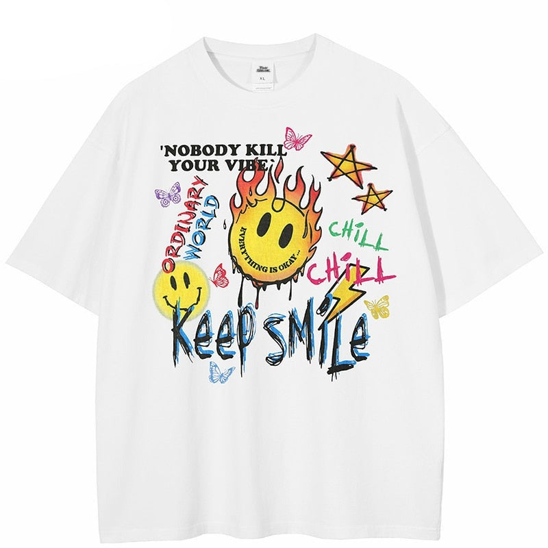 "Keep Smiling" Unisex Men Women Streetwear Graphic T-Shirt Daulet Apparel