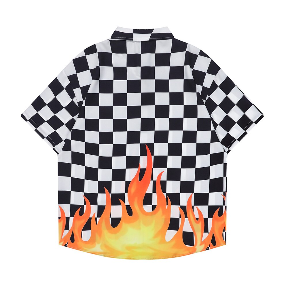 "Plaid Flame" Unisex Men Women Streetwear Graphic Button Shirt Daulet Apparel
