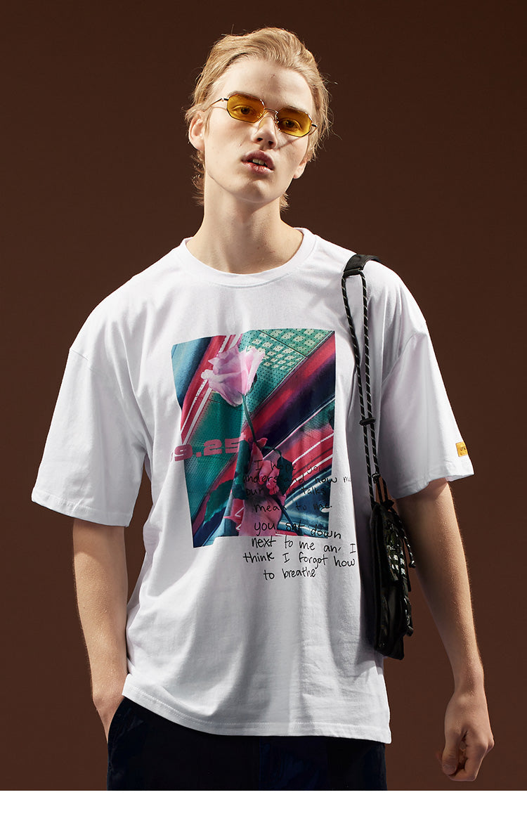 "Pink Rose" Streetwear Hip Hop Men Women Graphic T-Shirt Daulet Apparel