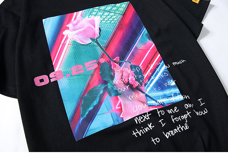 "Pink Rose" Streetwear Hip Hop Men Women Graphic T-Shirt Daulet Apparel